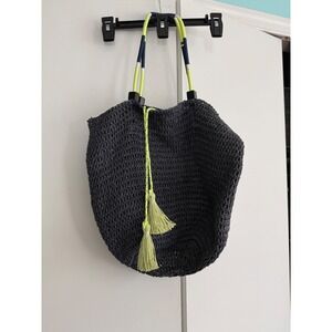 J Crew Woven Tote Bag Gray Raffia Nautical Rope Handles Tassel Accents